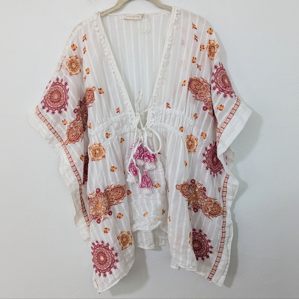Ramy Brook Floral Embroidered Cover Up Tassel Tie Front Dolman White Size XXS